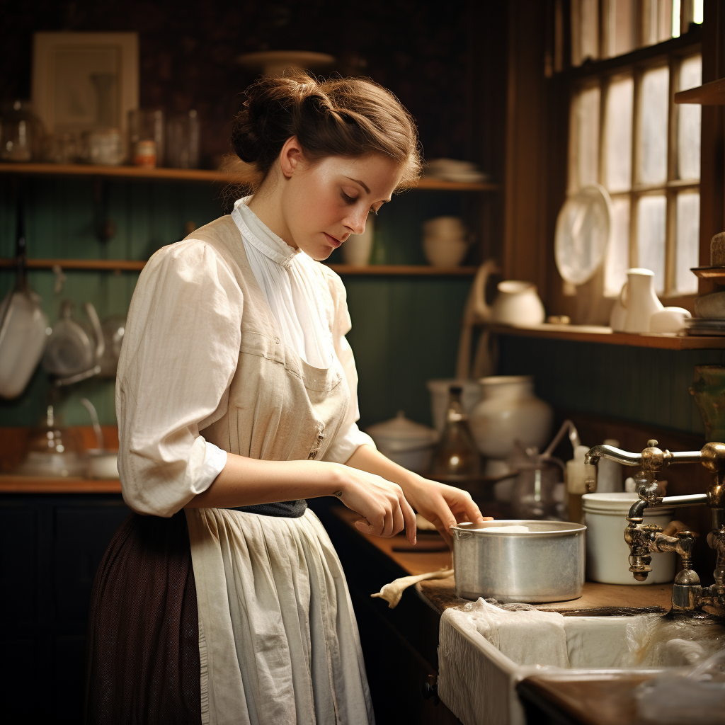 Edwardian housemaid cleaning a kitchen