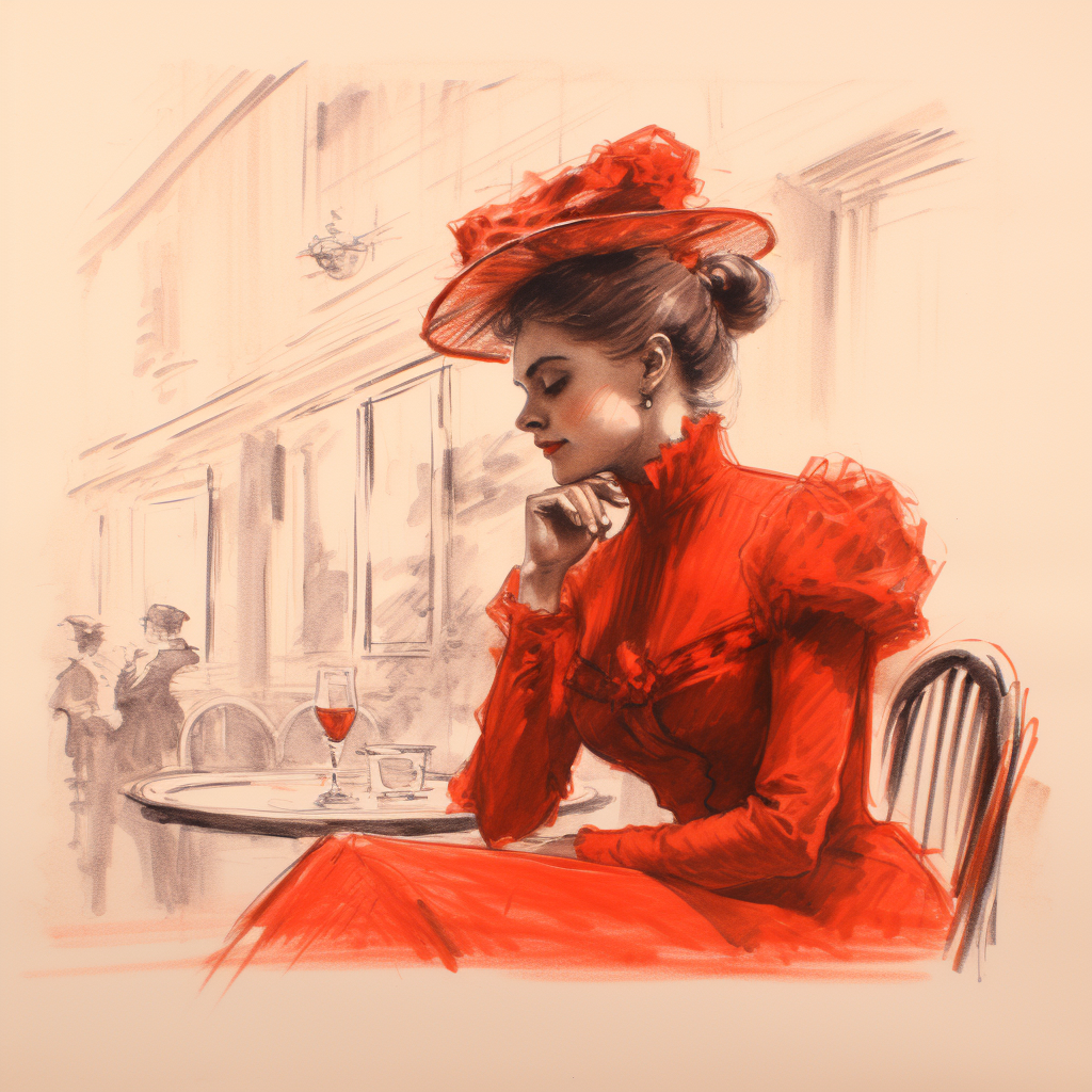 Red Ink Drawing of Edwardian Lady in Paris Cafe