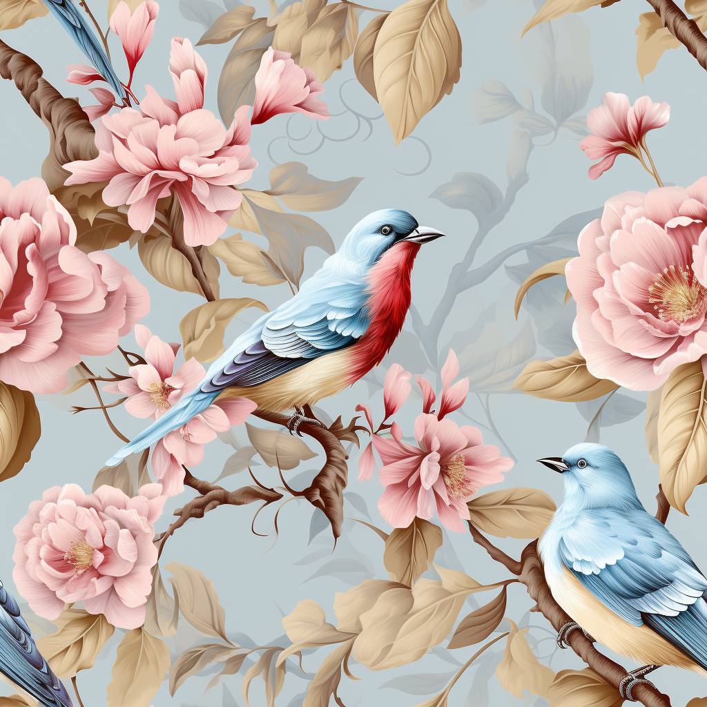 Edwardian Style Wallpaper Texture - Light Blue, Pink, 5 Birds