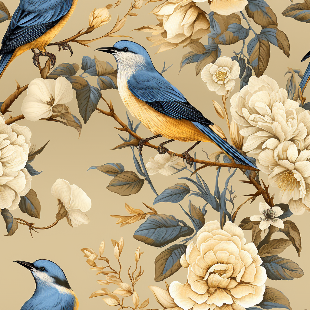 Edwardian Style Wallpaper Texture with Yellow and Blue Colors and 6 Birds