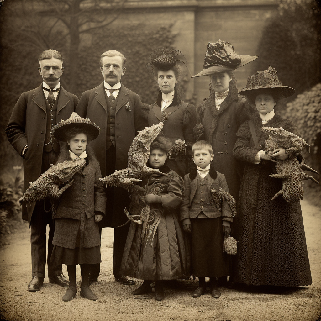 Vintage photo of Edwardian British royal family with alligator heads