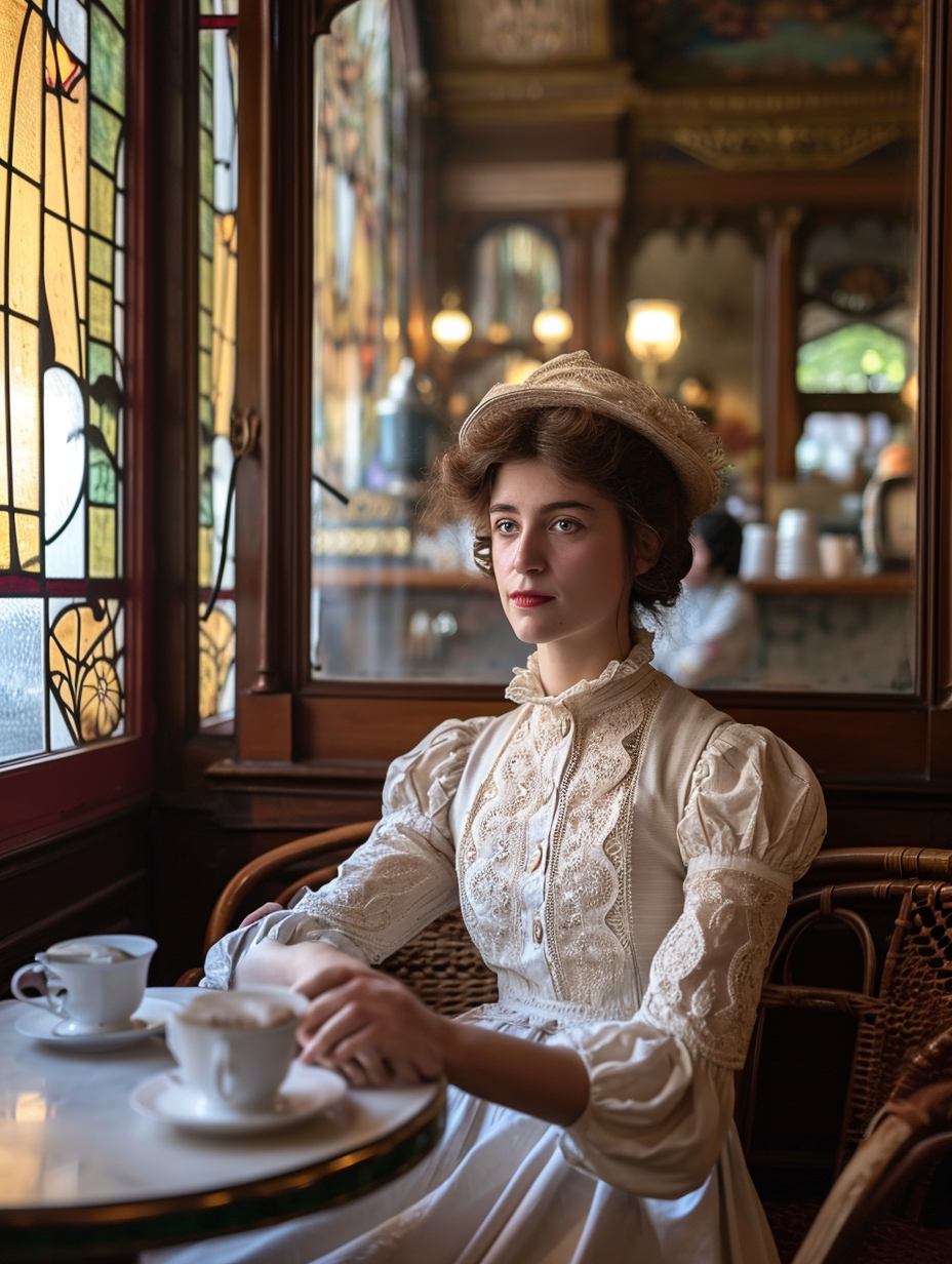 Edwardian woman in an Art Nouveau Paris cafe