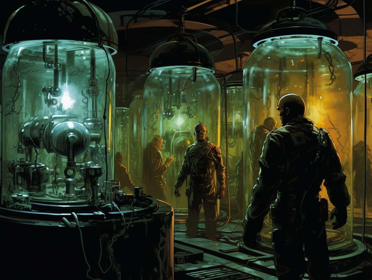 Eerie lab with cybernetic soldiers in fluid-filled cylinders