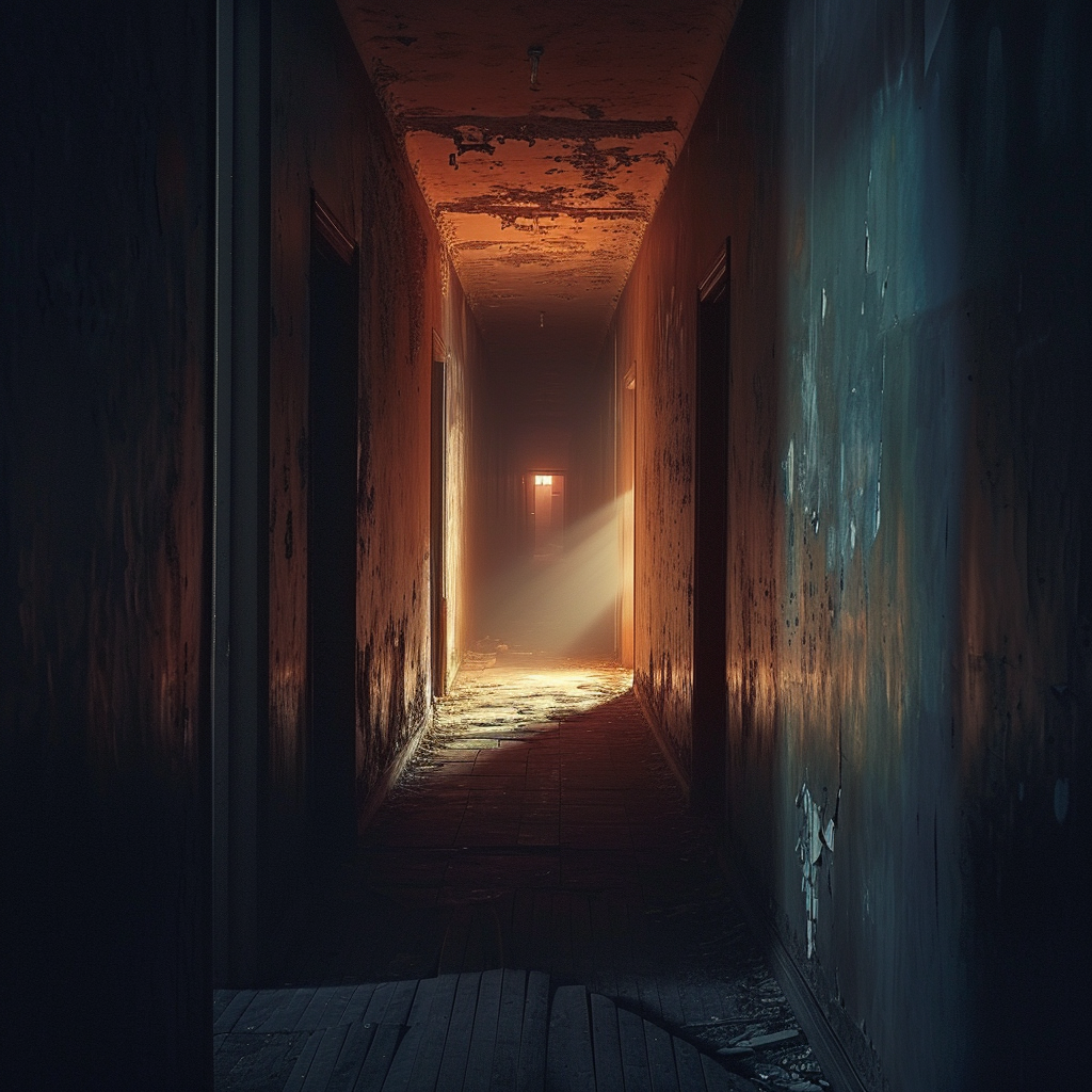 Eerie liminal corridor with unknown light source