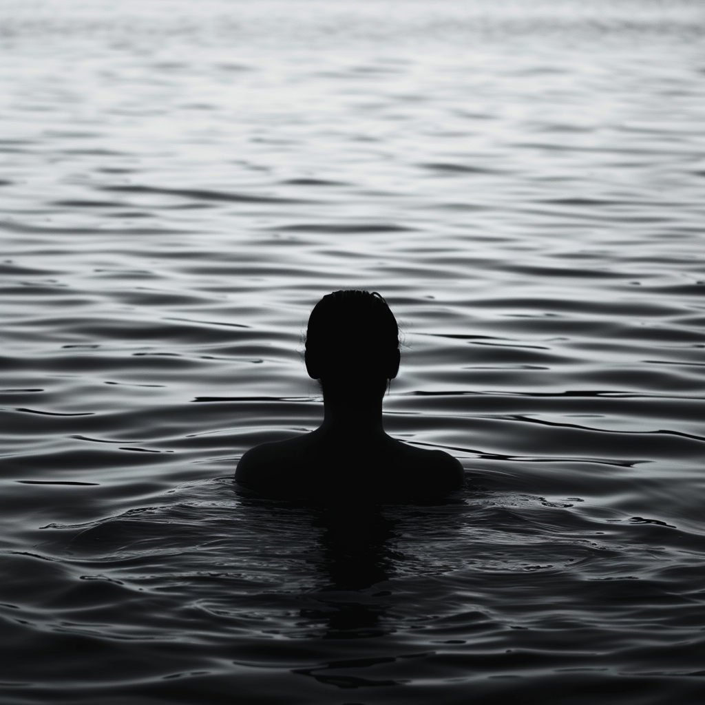 Silhouette emerging from rippling water surface