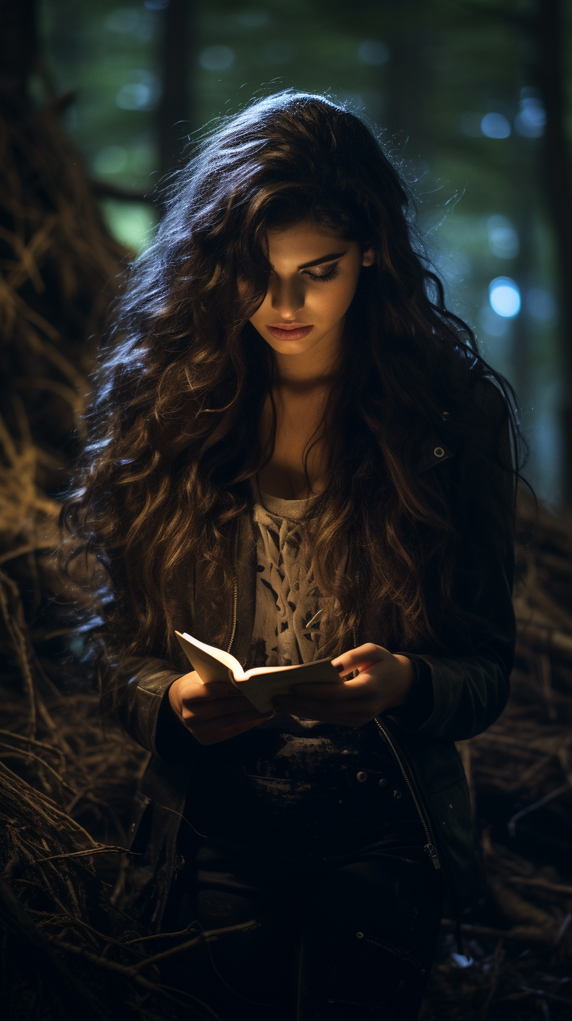 Young witch with torn notebook in dark forest