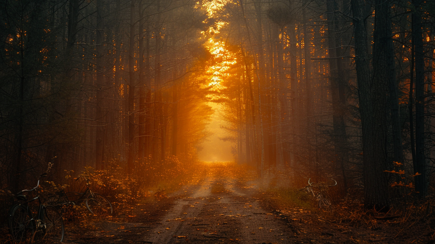 Mysterious 80s forest scene at twilight