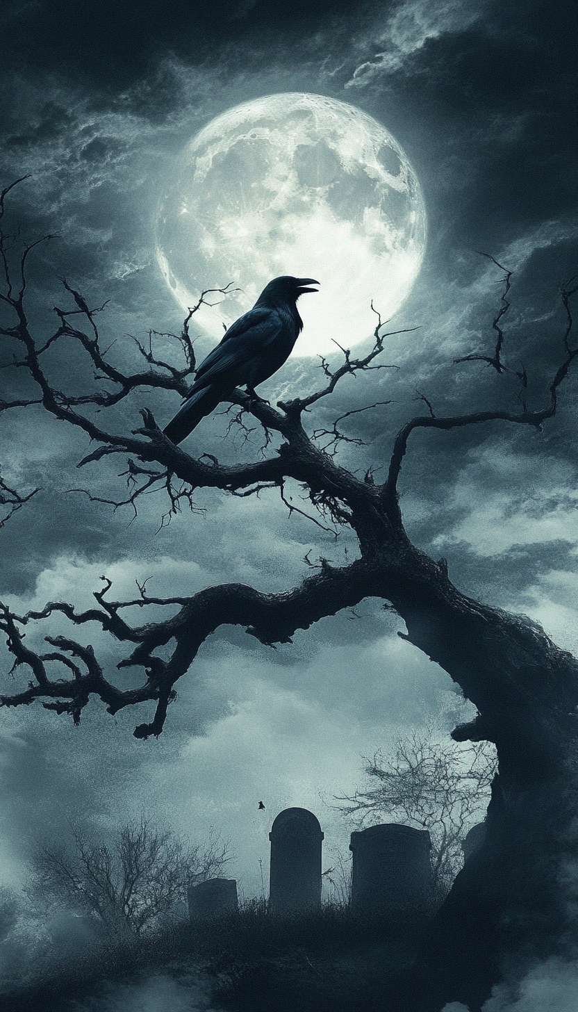 Raven perched on spooky tree