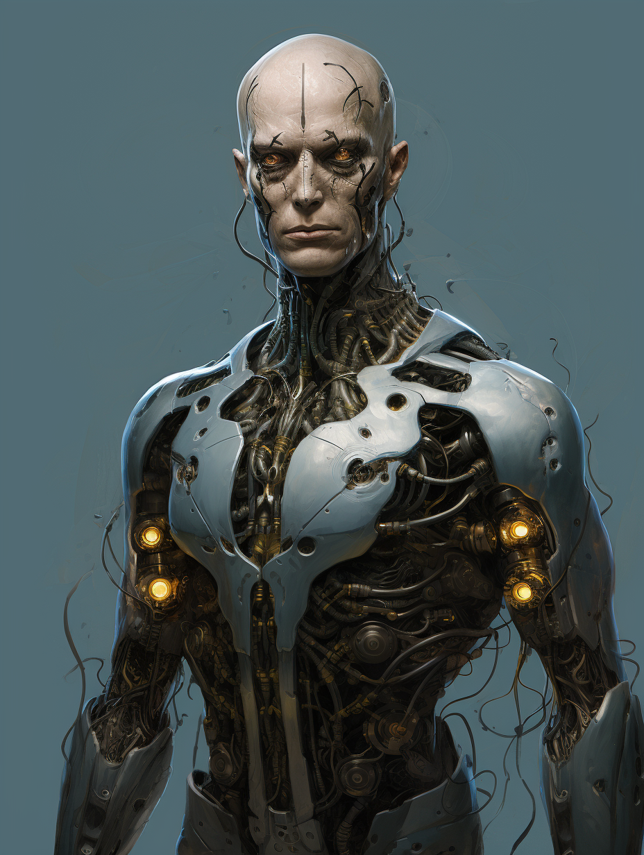 Eerie humanoid with cybernetic parts in comic book style