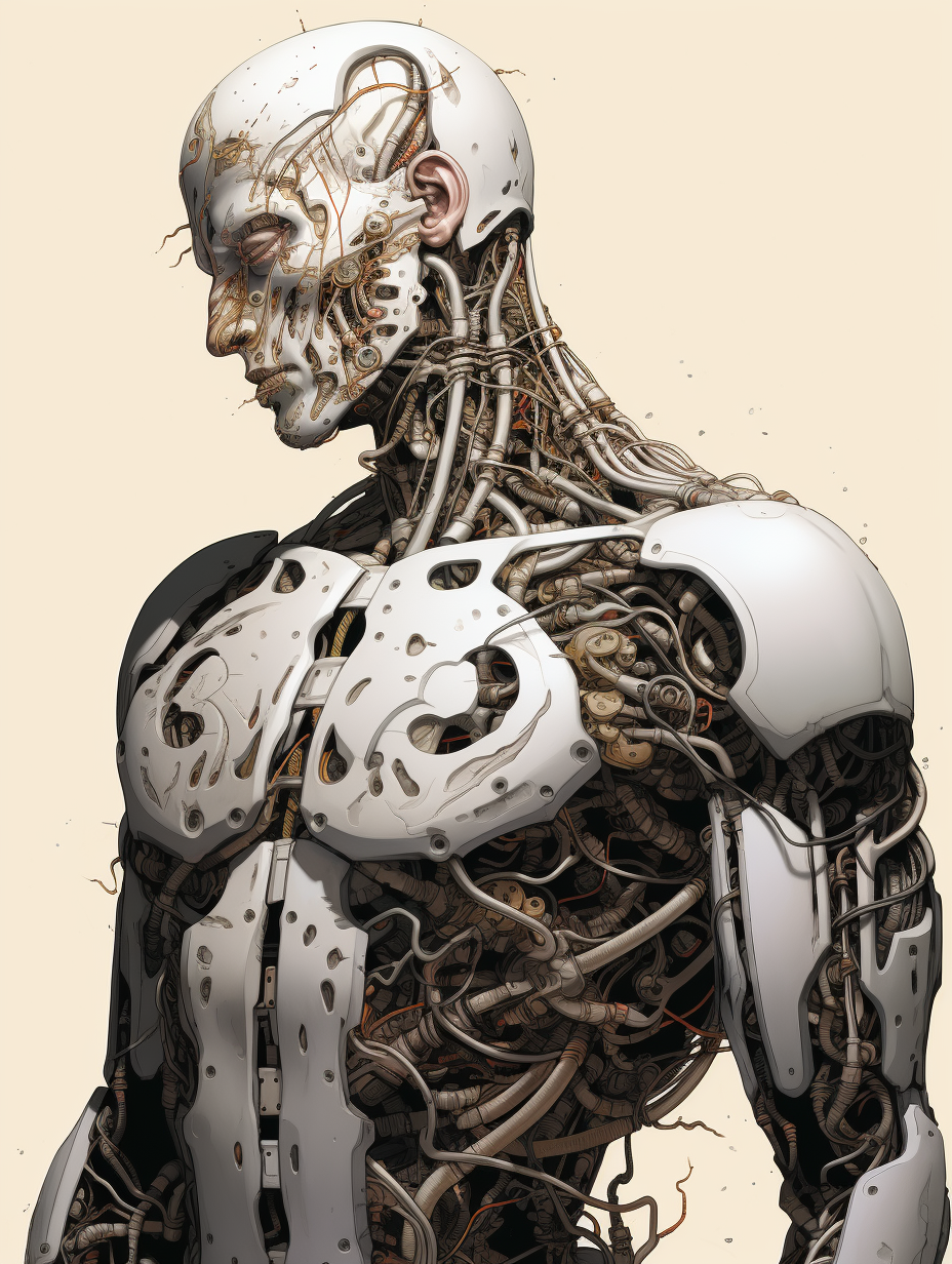 Human with cybernetic parts in eerie American comic book style