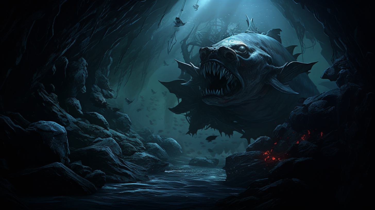 Mysterious fangtooth fish glowing in eerie dark ocean