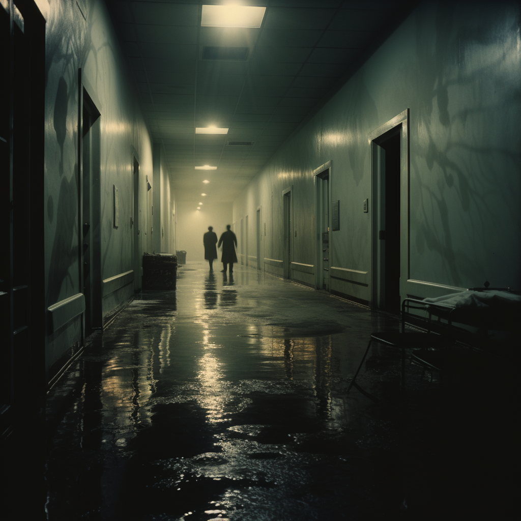 Spooky hospital hallway at night