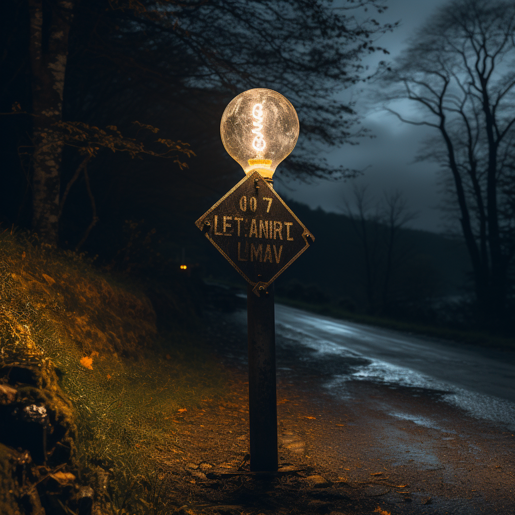 19th century lightbulb on spooky road sign