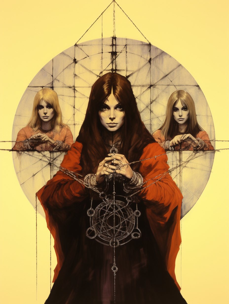 Three sisters of fate with golden thread and scissors