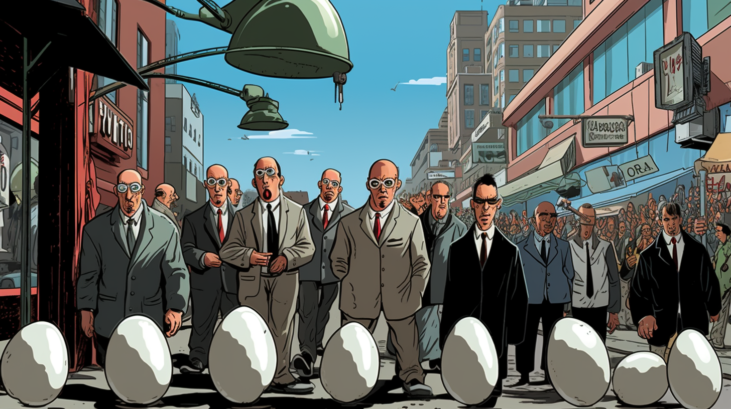 1950s comic book style egg henchmen street scene