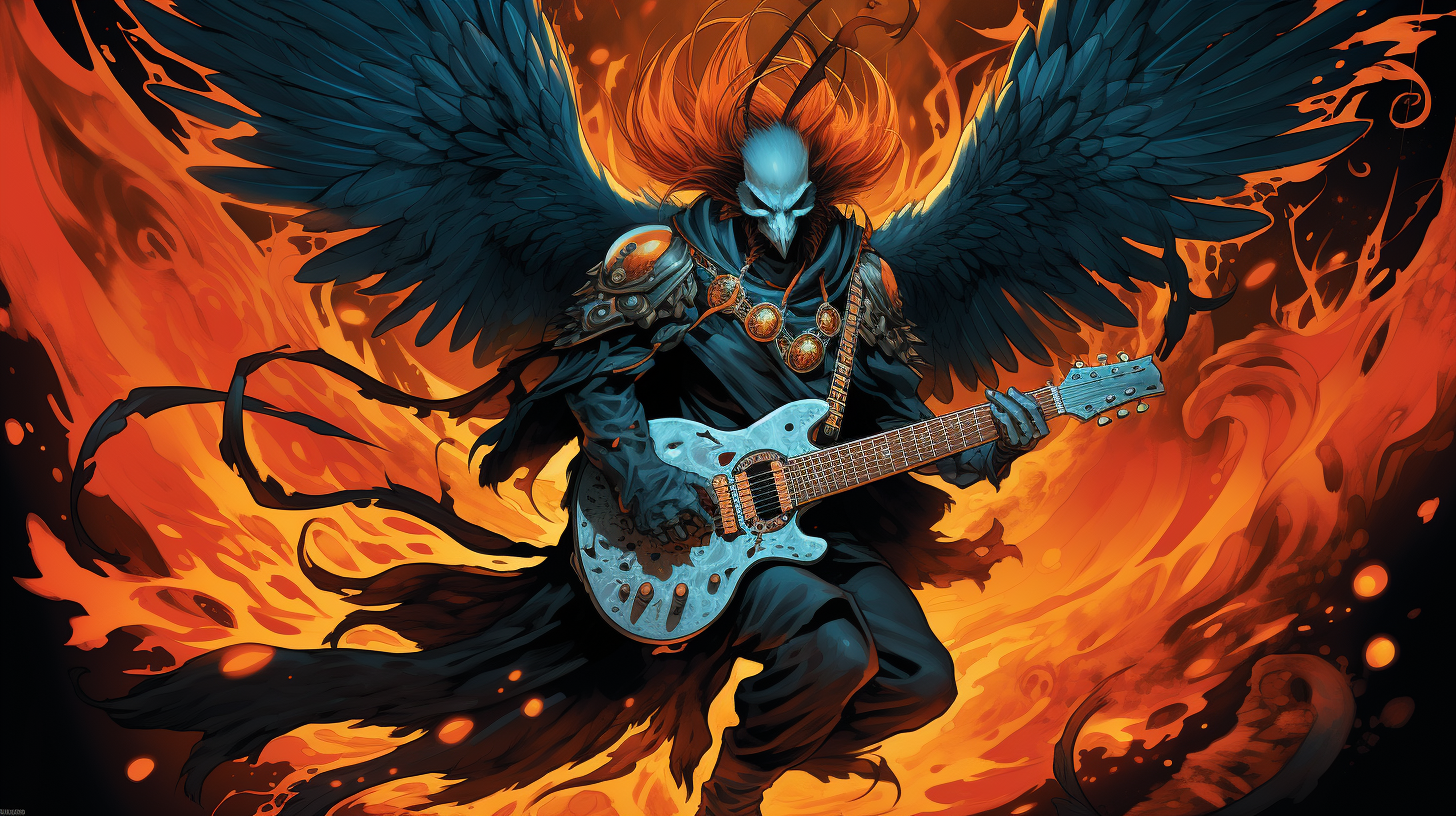 E-guitarist with Phoenix Wings Among Raven Warriors