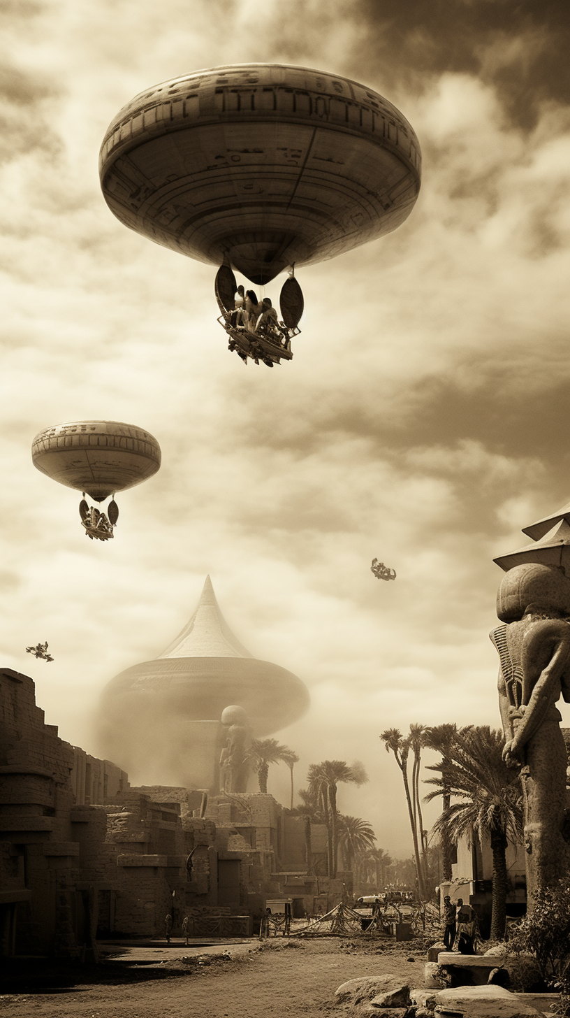 Black and white photo of ancient Egypt with steampunk robots and UFOs