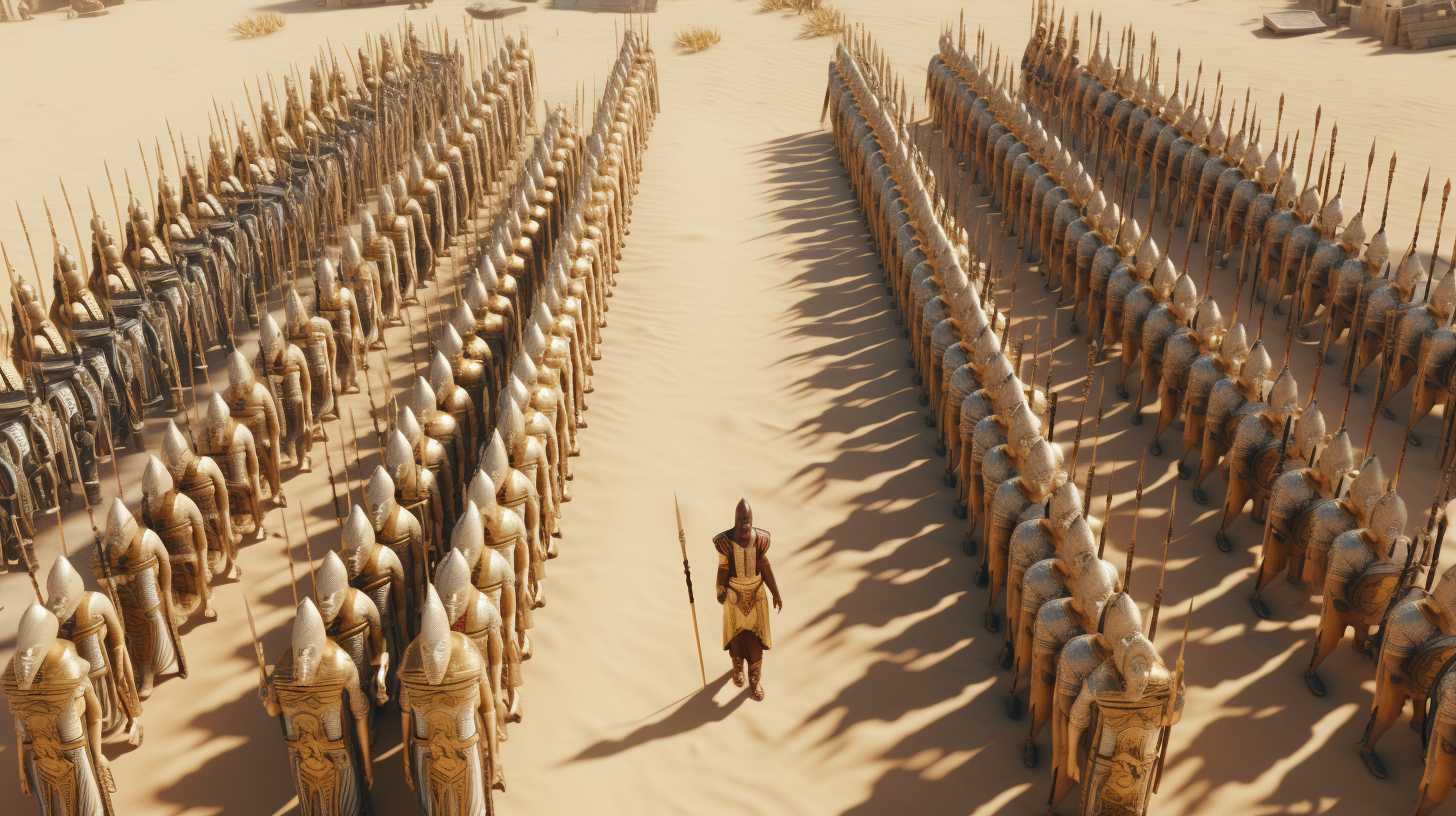 Ancient Egyptian army in formation with golden chariots