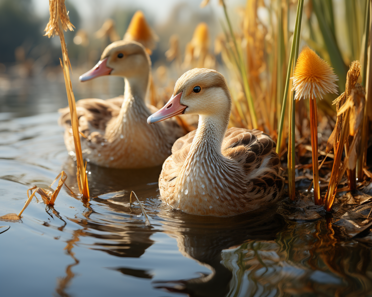 Egyptian geese swimming in shallow water