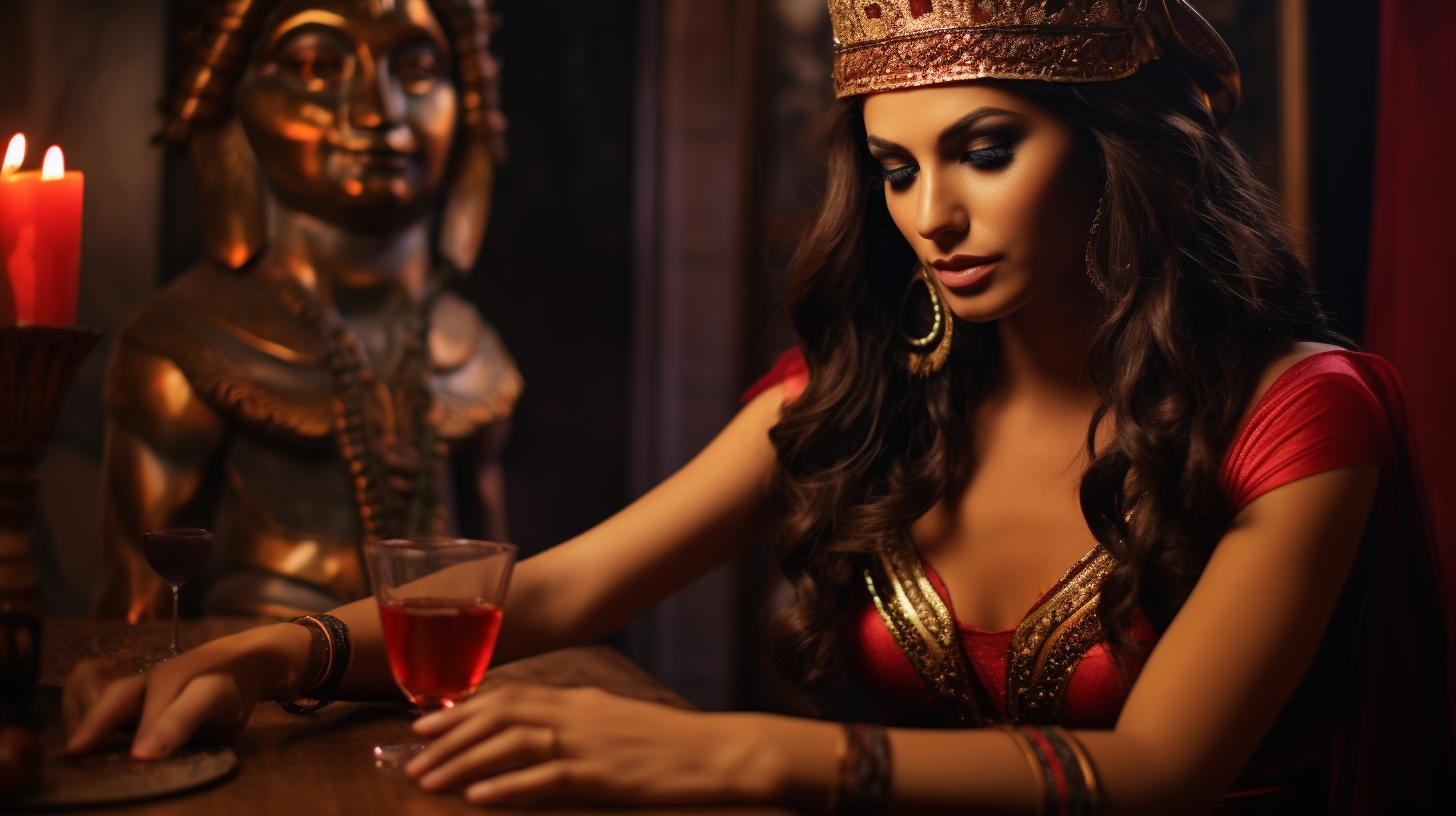 Beautiful woman with servant pouring wine