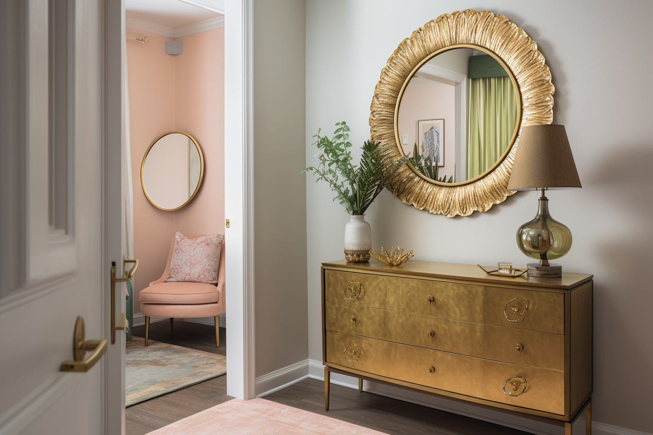 Gold-framed pond mirror above a dresser