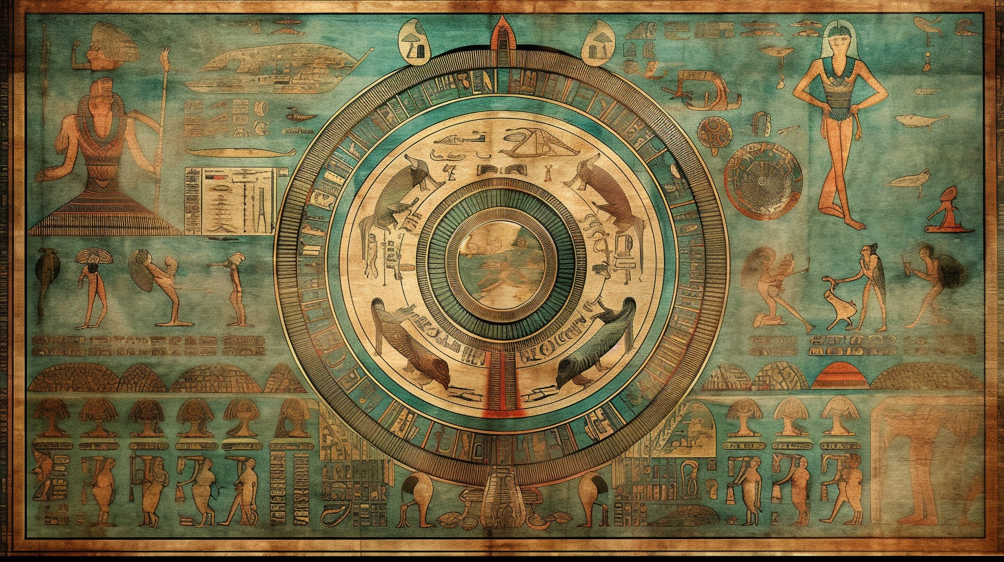 Ancient Egyptian hieroglyphs depicting cosmic beings and interstellar journeys