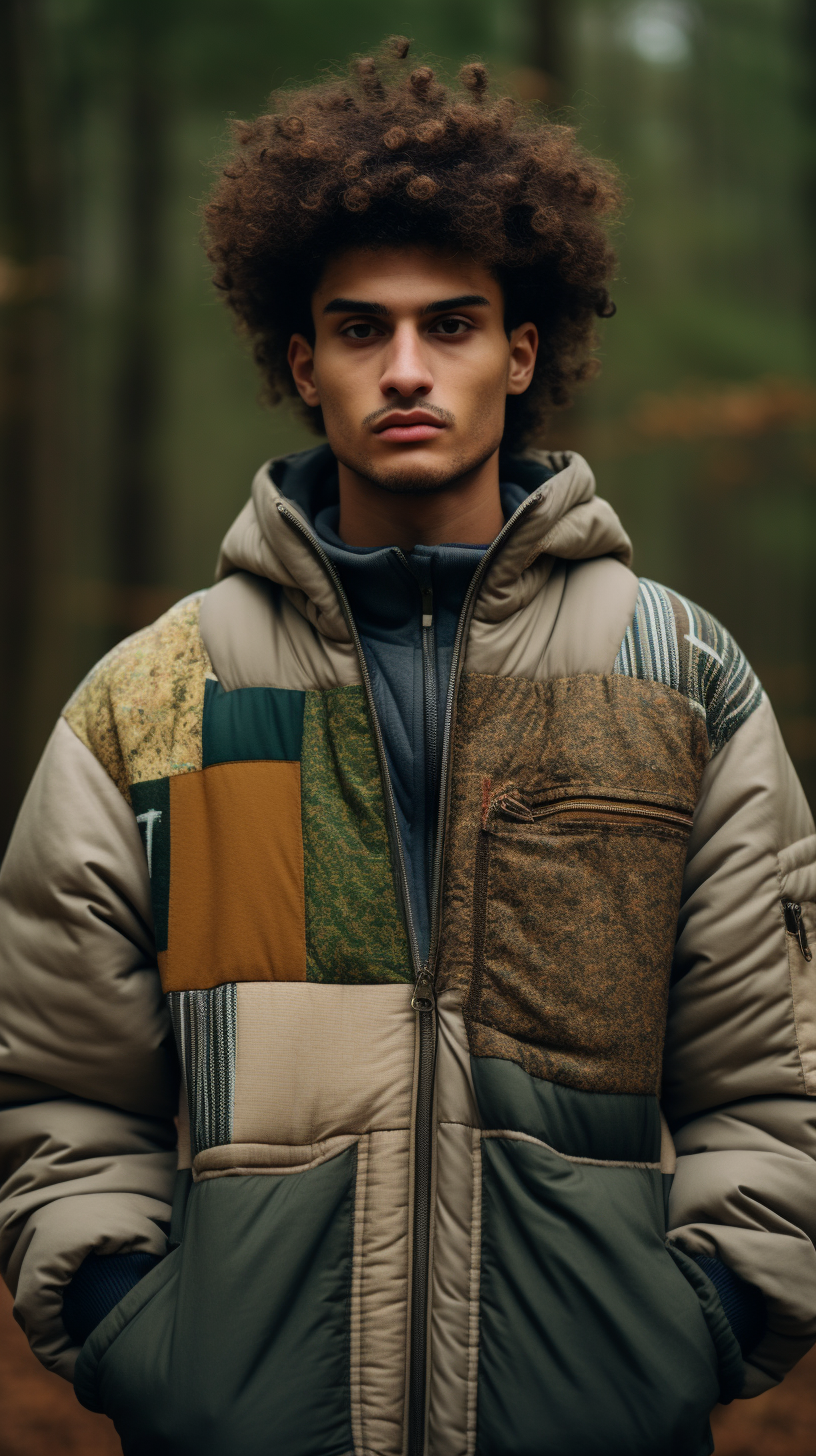 Egyptian male model wearing trendy clothes in autumn forest