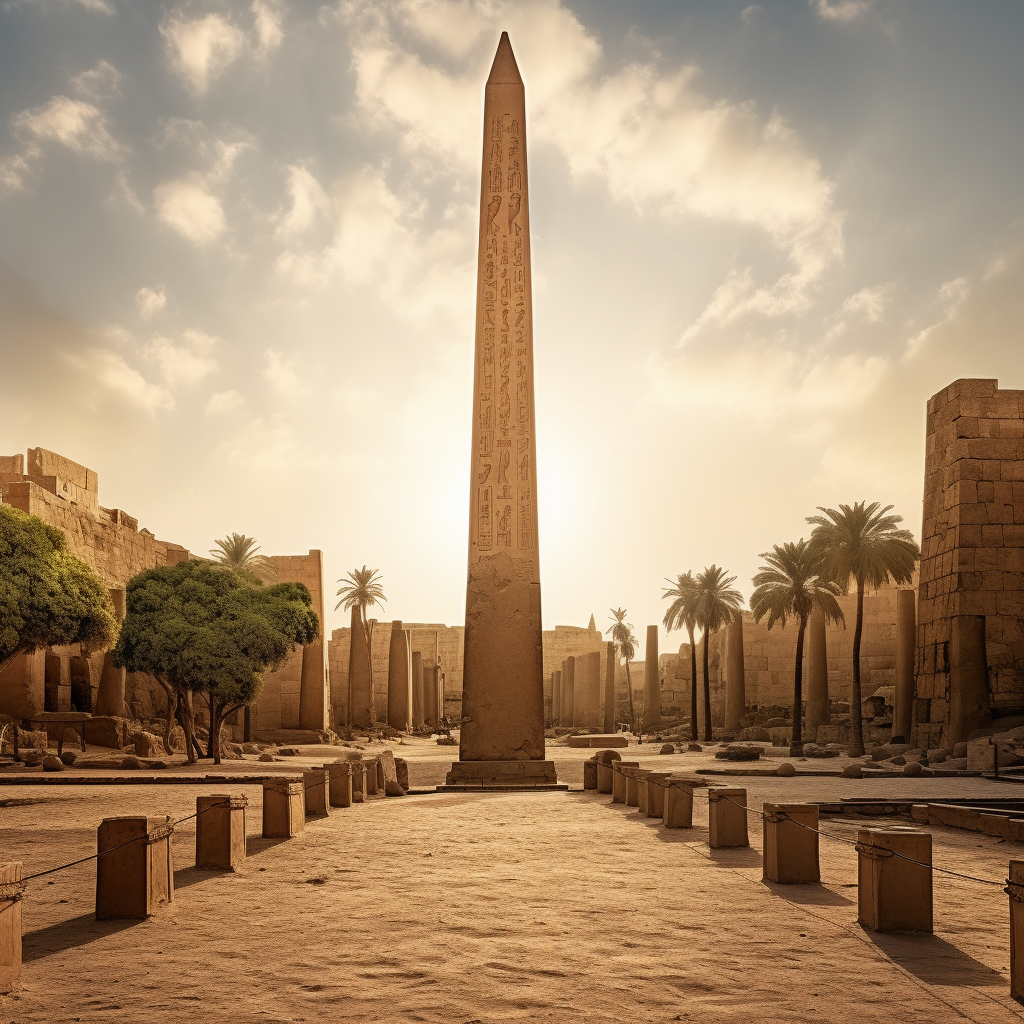 Tall black obelisk in ancient ruin town square