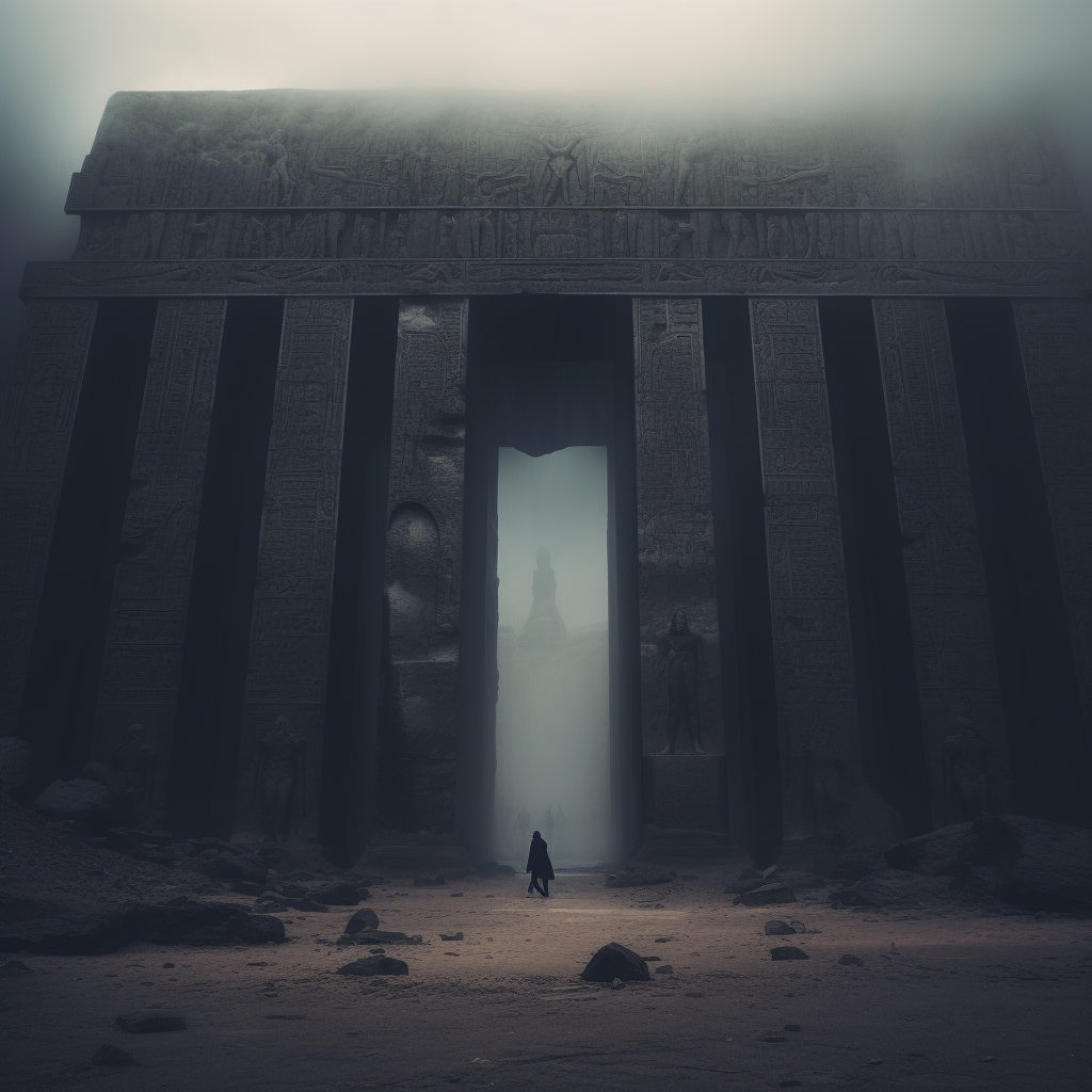 Gigantic Egyptian temple surrounded by eerie fog