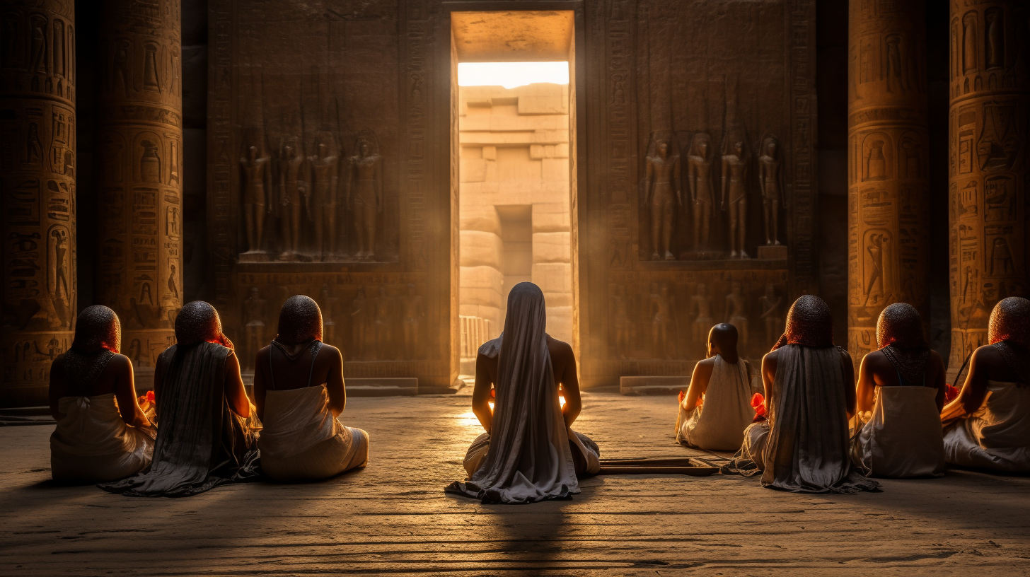 Ancient Egyptians praying at Temple of Hathor