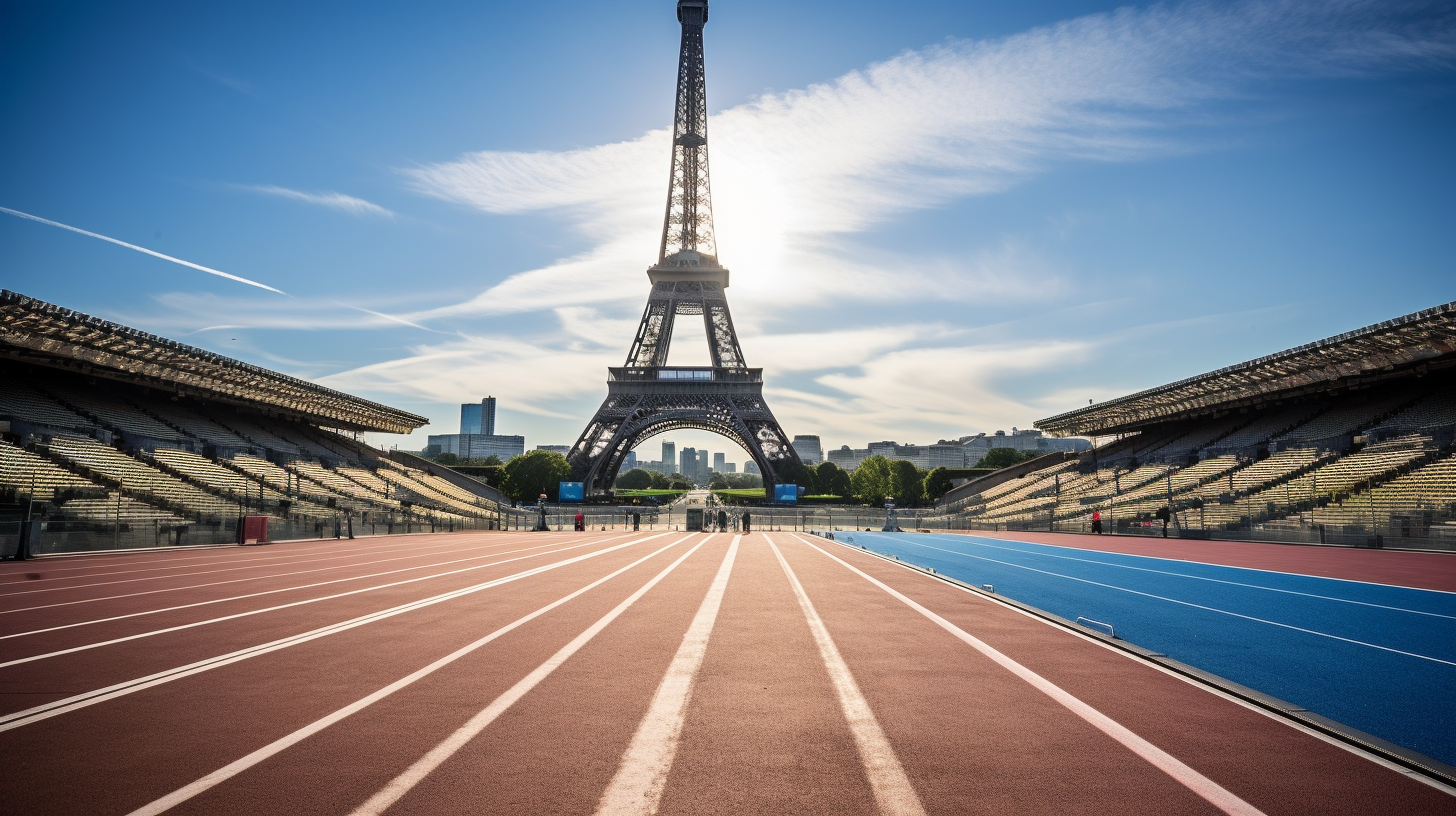 Eifeltower and Olympic Games Athletes on Stadium