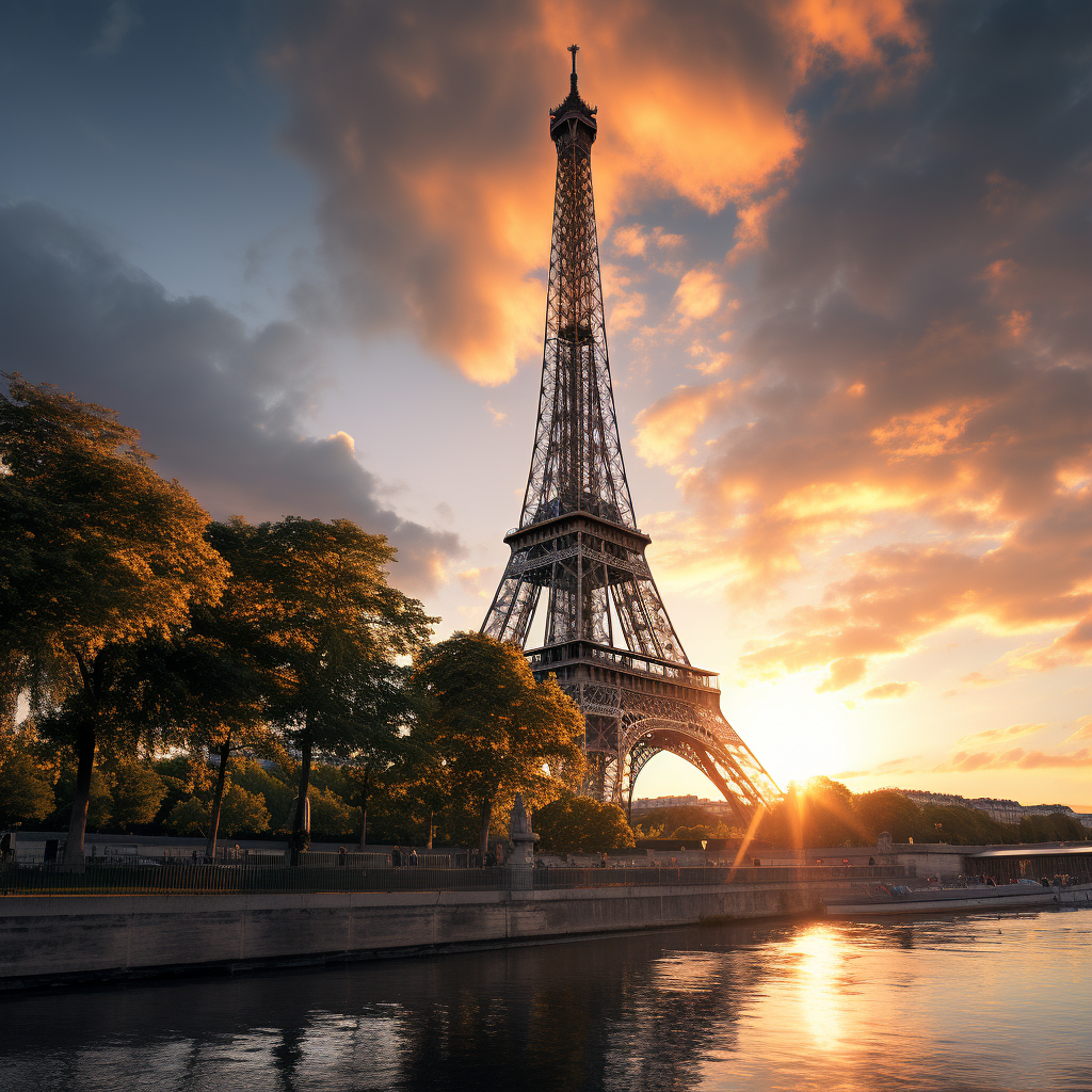 Eiffel Tower illuminated at sunset