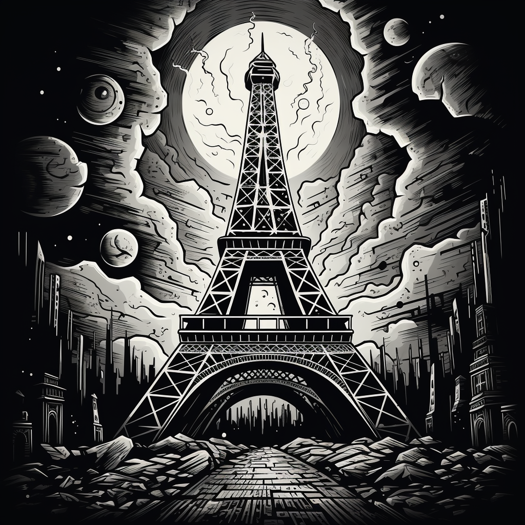 Eiffel Tower retro-futuristic black and white drawing