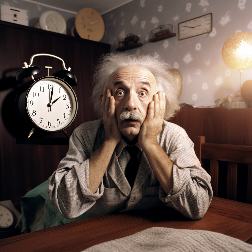 Einstein waking up to an alarm clock