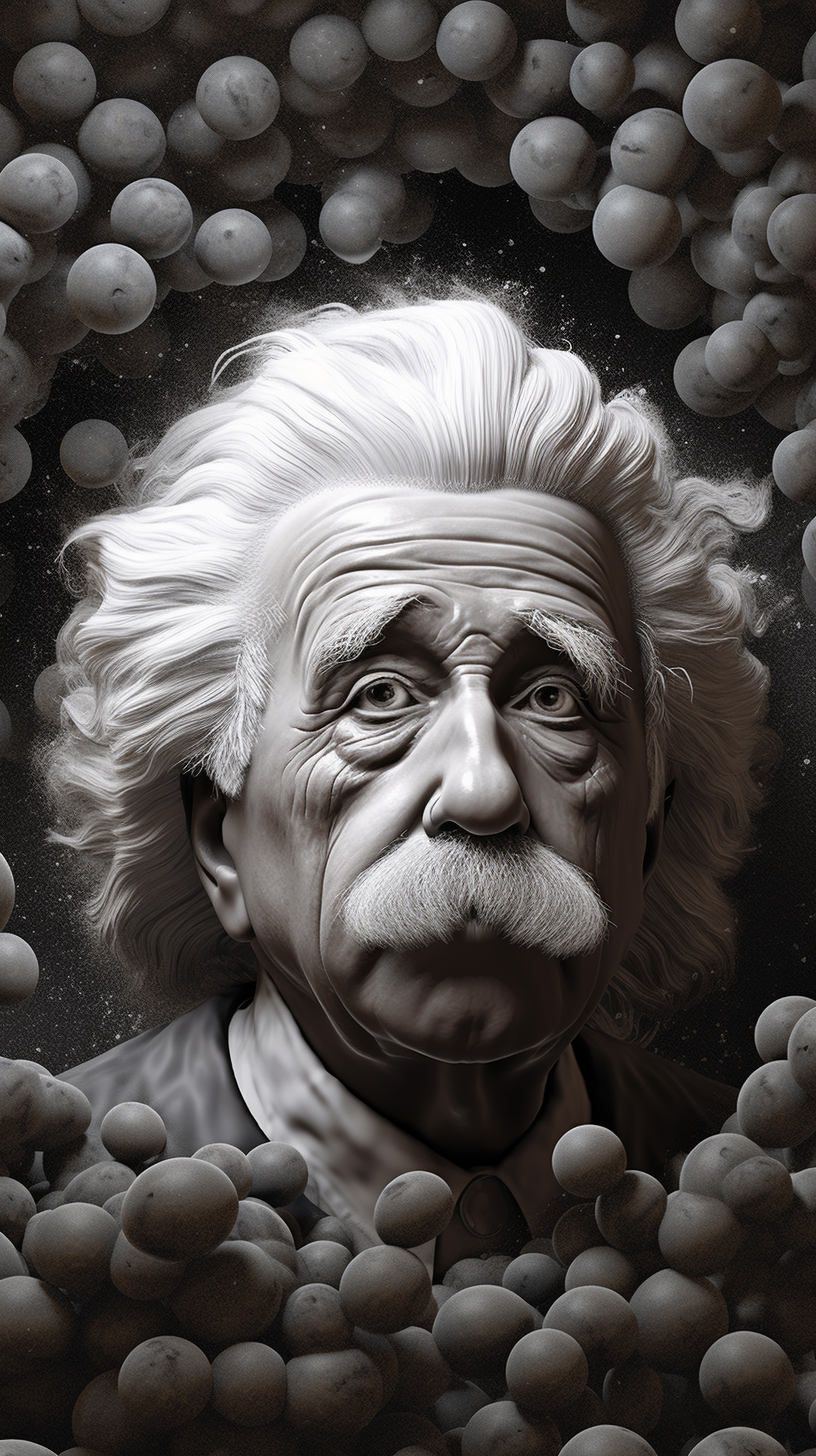 Hyper-realistic Einstein revealing the chicken or egg secret