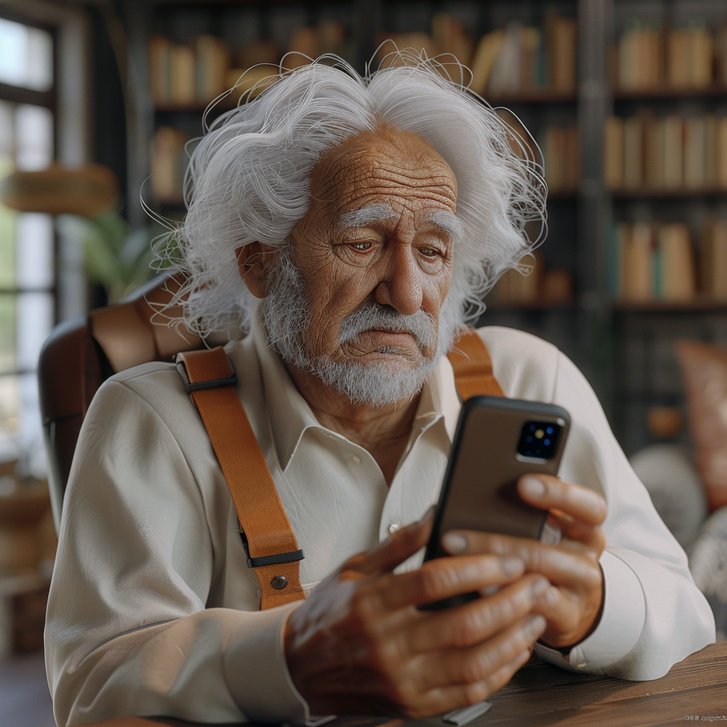 Einstein reading news on smartphone