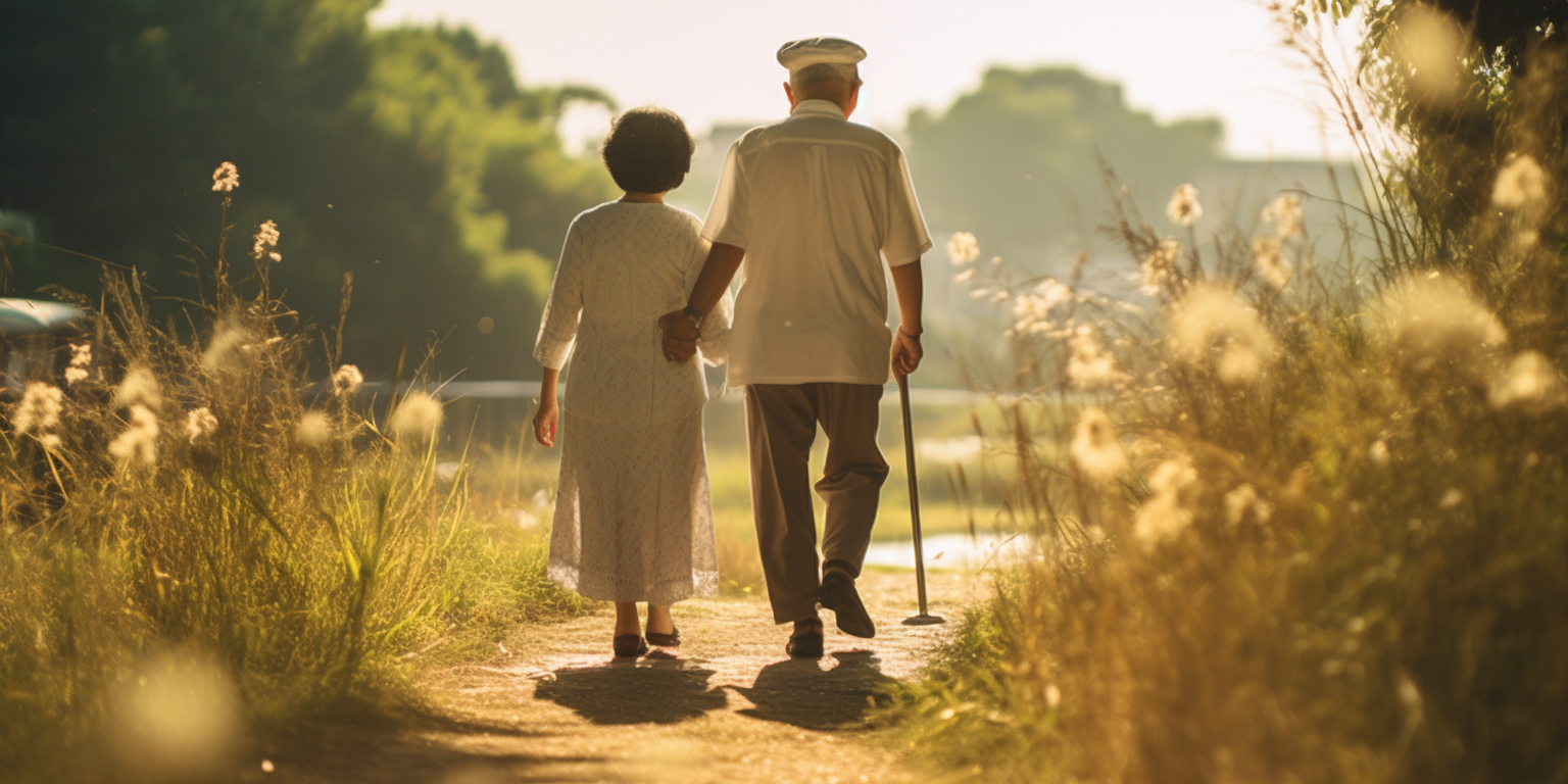 Elderly Asian couple walking in the sun