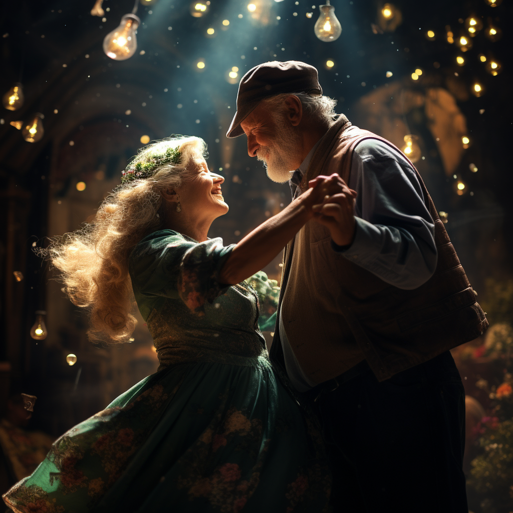 Elderly couple dancing under moonlight with magical creatures