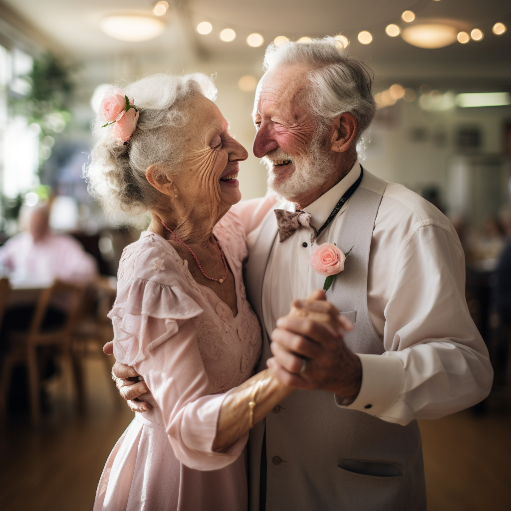 Elderly couple dancing at spring-themed dance