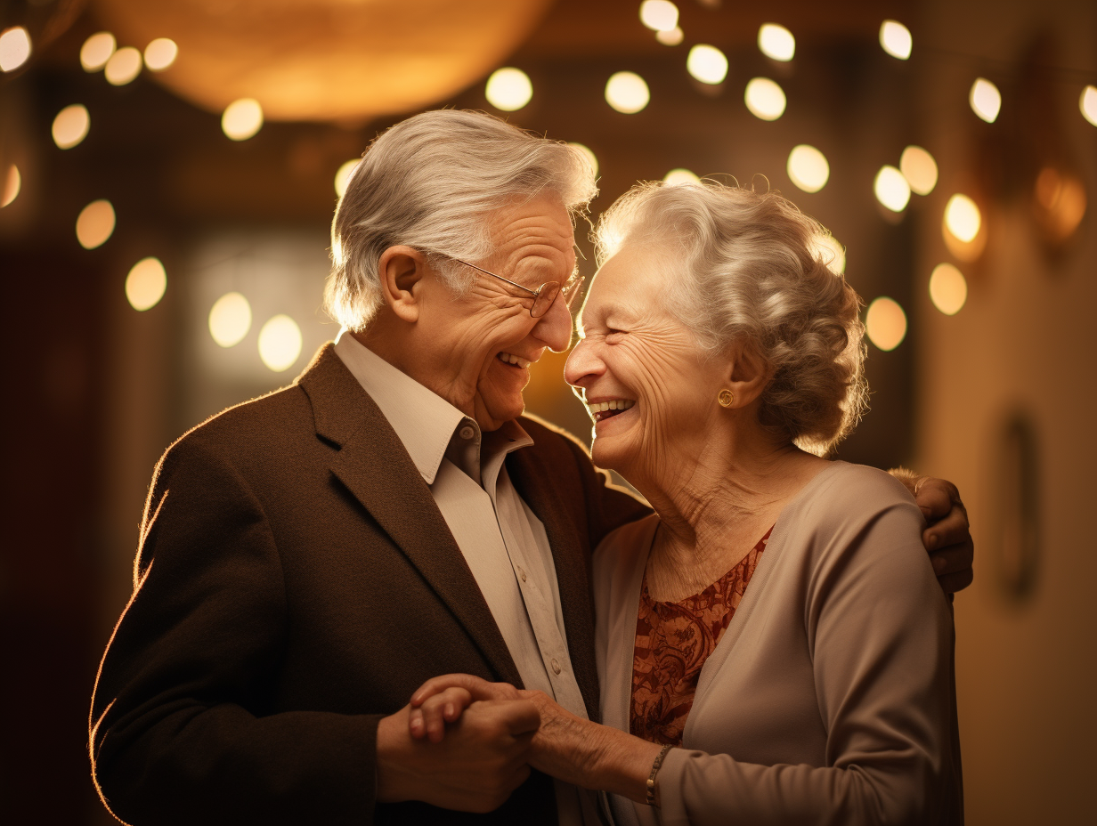 Happy elderly couple laughing and embracing