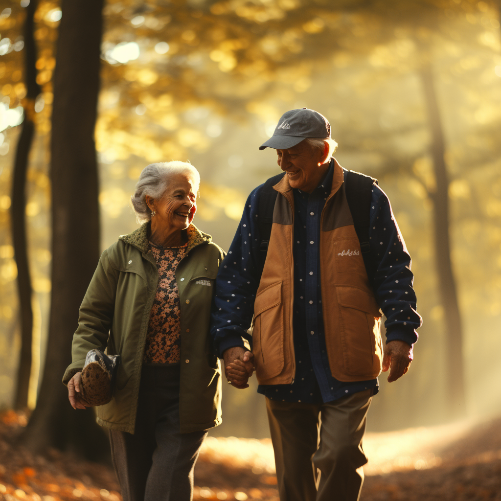 Elderly couple walks in wooded area