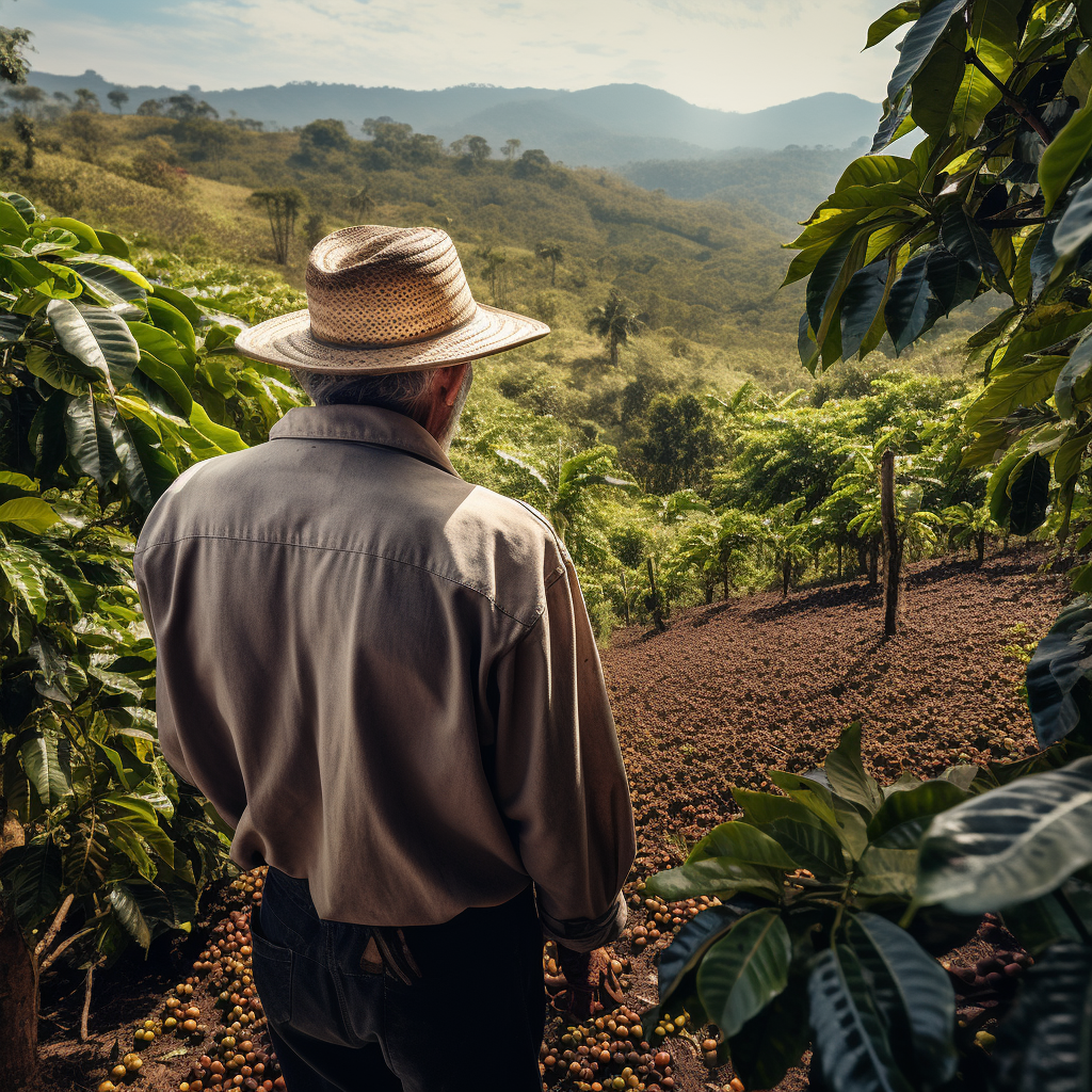 Elderly farmer observes coffee harvest