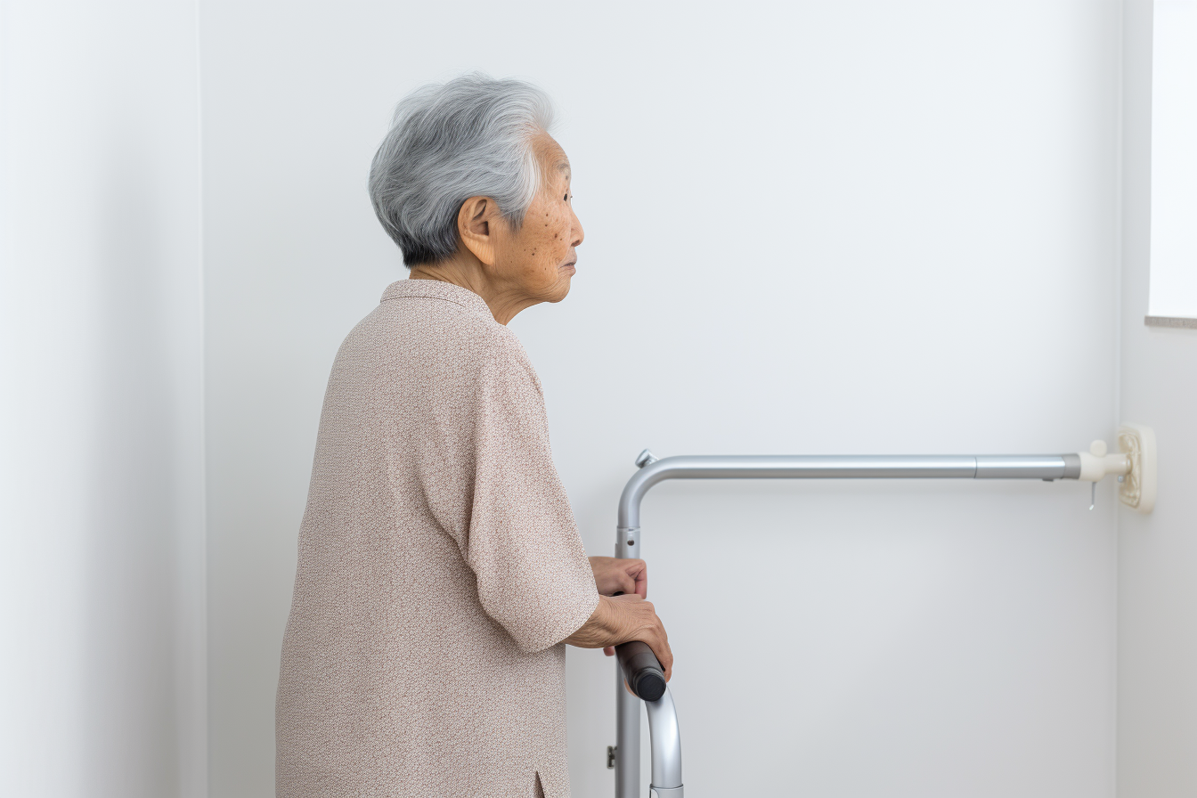 Elderly Filipino woman with grab bars in bathroom