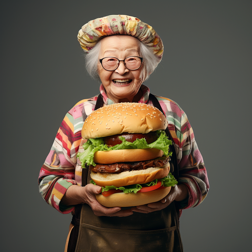 Elderly Japanese woman with hamburger head smiling