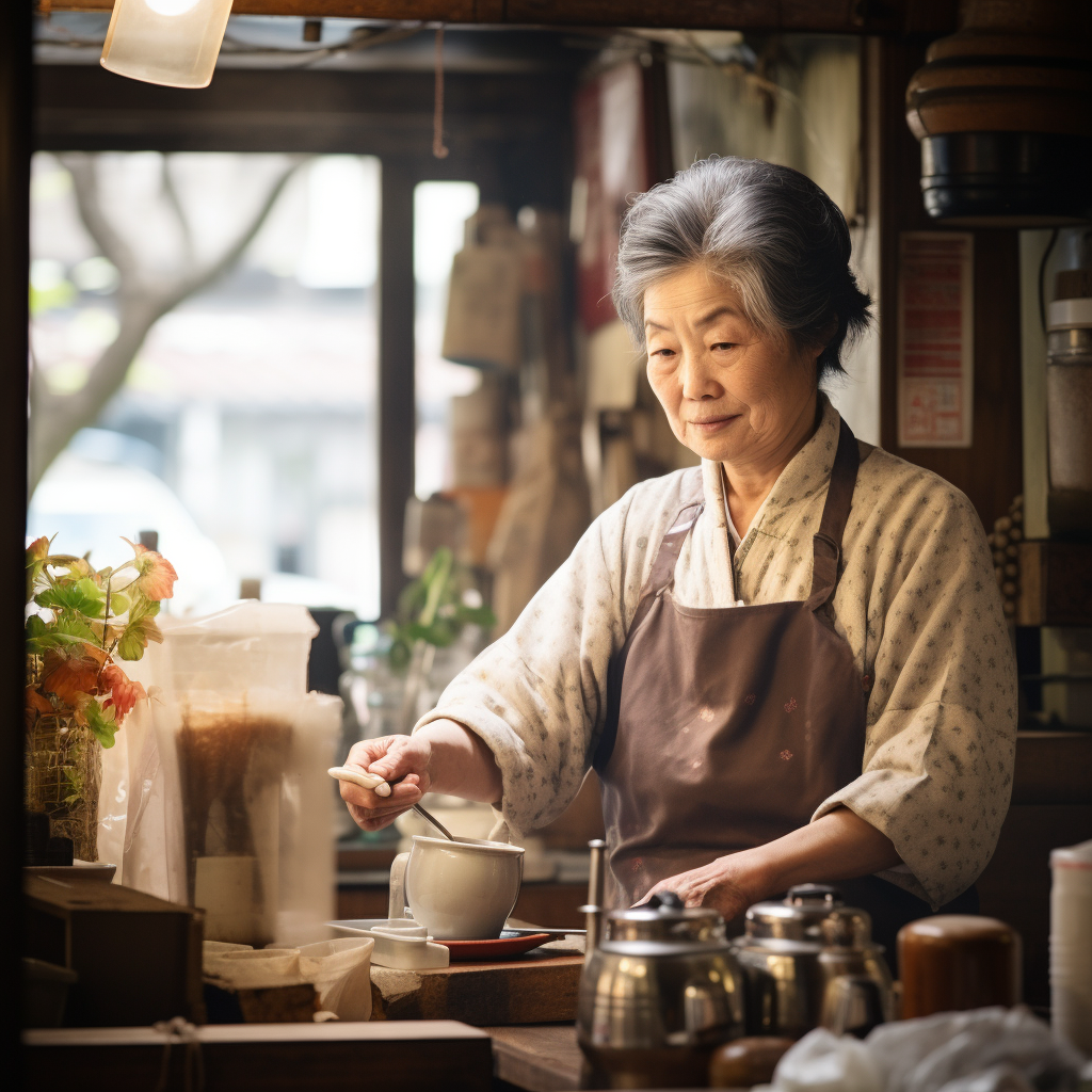 Elderly Japanese woman ordering coffee at café