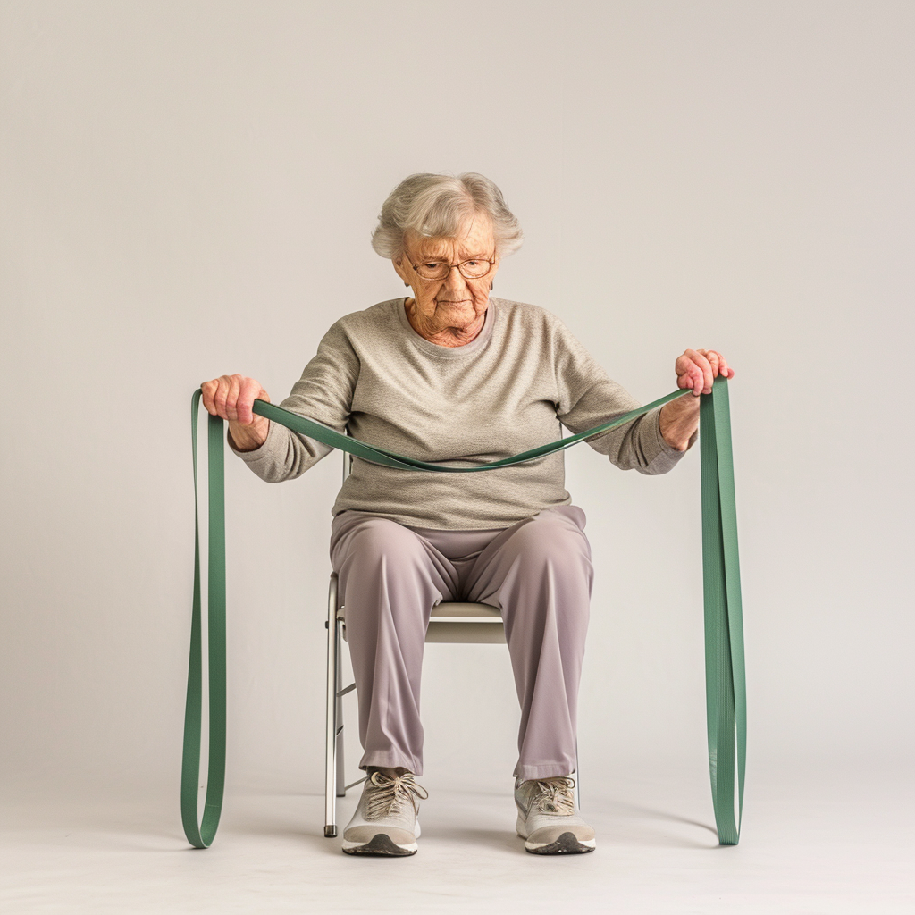 Elderly lady exercising with exercise bands on plain background