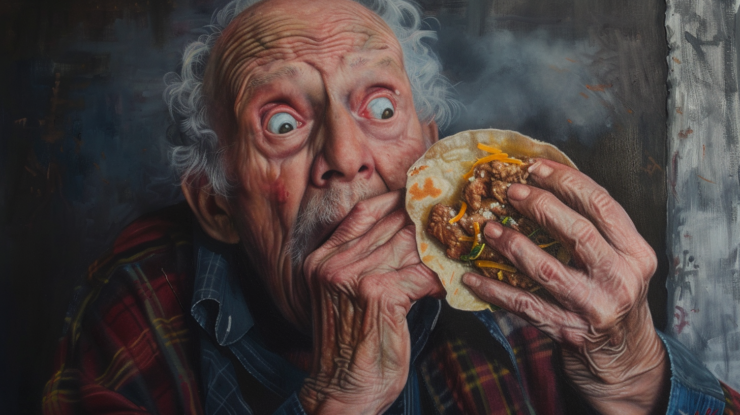 Elderly man eating beef taco with shocked expression