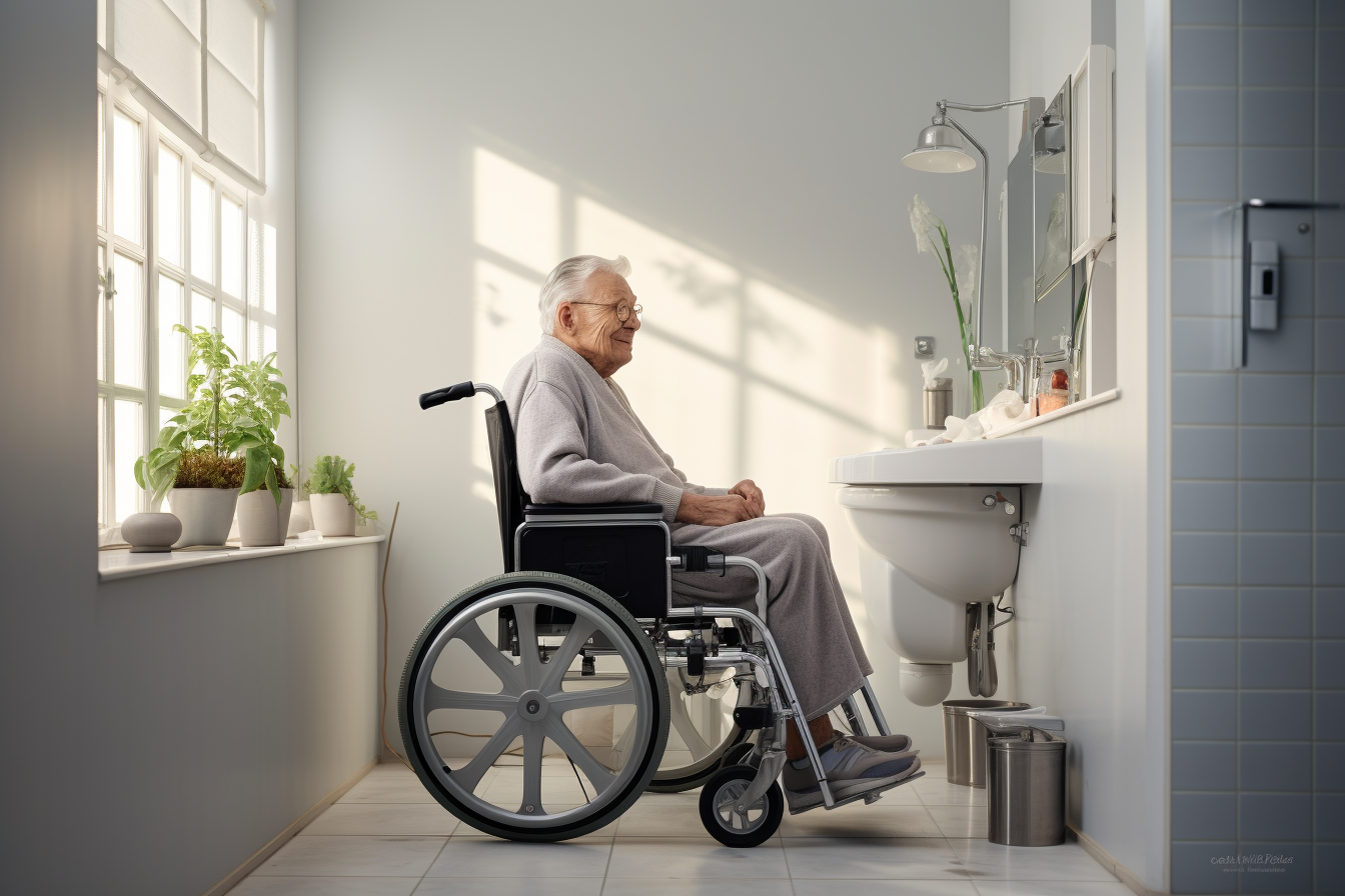 Elderly man in wheelchair in clean bathroom