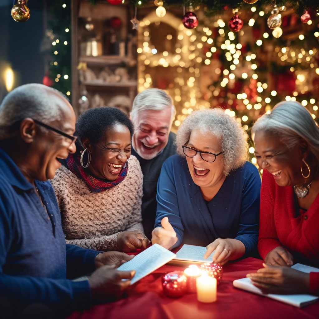 Elderly individuals opening holiday cards and smiling