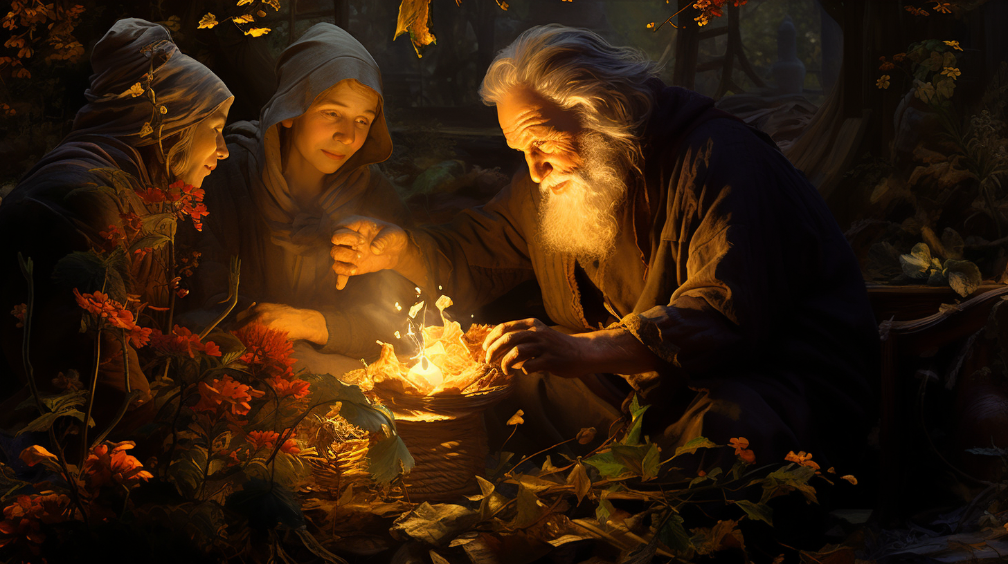 Elderly peasant healers in classical style painting